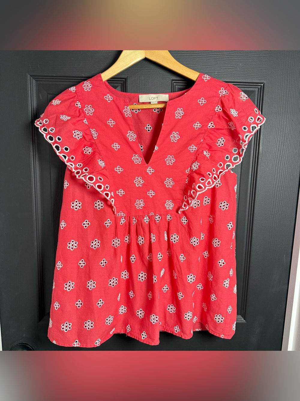 LOFT Red Eyelet Flutter-Sleeve Blouse